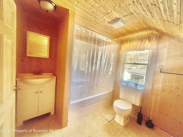 full bath featuring toilet, wood ceiling, vanity, and visible vents