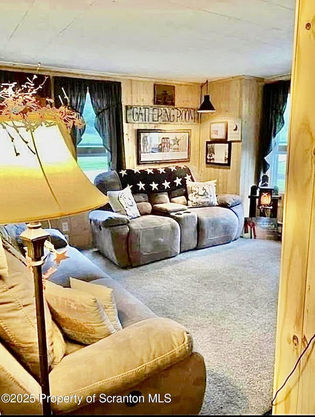 living room featuring wooden walls, carpet, and a healthy amount of sunlight