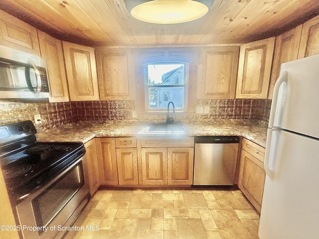 kitchen with wood ceiling, decorative backsplash, stainless steel appliances, and a sink