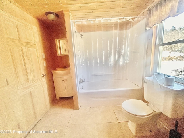 full bathroom featuring toilet, wood ceiling, tile patterned floors, shower / washtub combination, and a sink