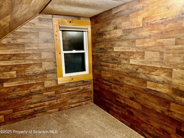 interior space with carpet floors, wood walls, and a textured ceiling