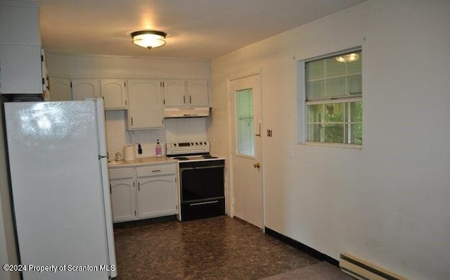 kitchen featuring electric range oven, a baseboard heating unit, tasteful backsplash, white fridge, and white cabinetry