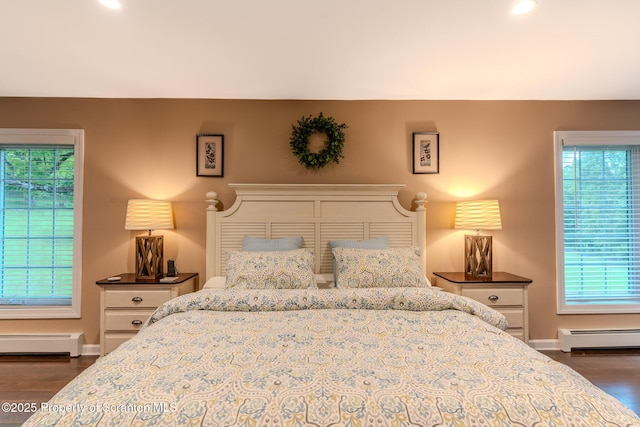 941 Old State Rd, Clarks Summit, PA 18411 - bedroom featuring a baseboard heating unit, dark wood finished floors, baseboards, and recessed lighting