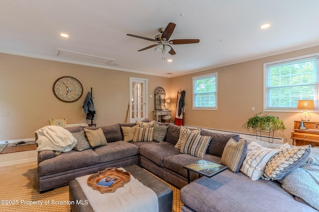 941 Old State Rd, Clarks Summit, PA 18411 - living room featuring attic access, a ceiling fan, ornamental molding, recessed lighting, and baseboards