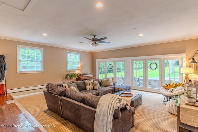 941 Old State Rd, Clarks Summit, PA 18411 - living room with baseboard heating, crown molding, recessed lighting, wood finished floors, and a ceiling fan