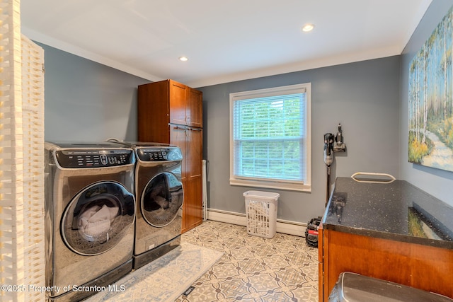 941 Old State Rd, Clarks Summit, PA 18411 - washroom featuring washer and dryer, cabinet space, baseboard heating, recessed lighting, and baseboards