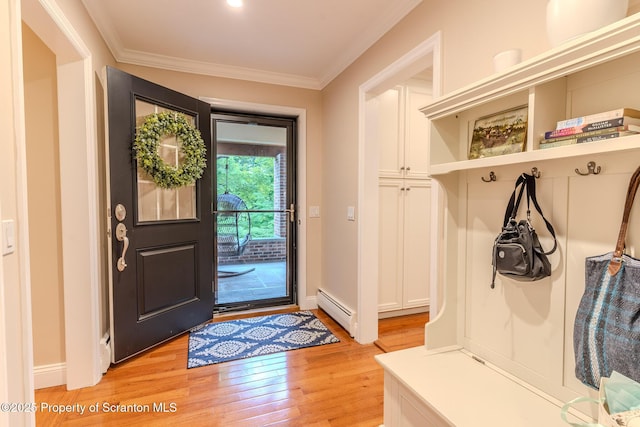 941 Old State Rd, Clarks Summit, PA 18411 - mudroom with a baseboard radiator, light wood-style flooring, crown molding, and baseboards