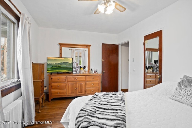 bedroom featuring radiator heating unit, ceiling fan, and dark wood-type flooring