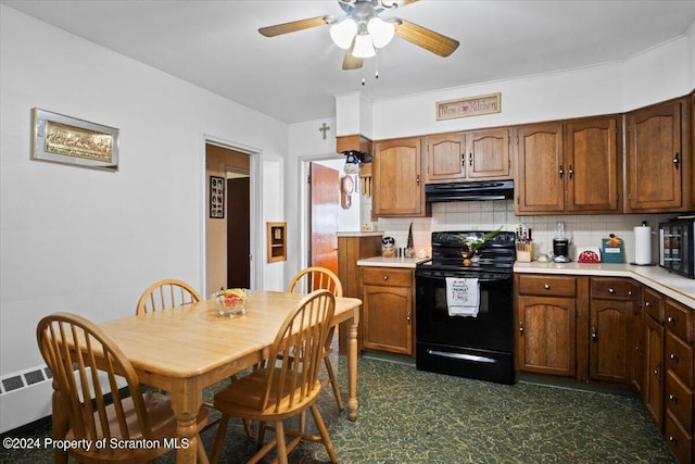 kitchen with decorative backsplash, ceiling fan, and black appliances