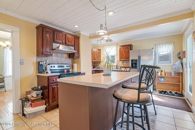 kitchen featuring a kitchen island, backsplash, hanging light fixtures, ornamental molding, and stainless steel appliances