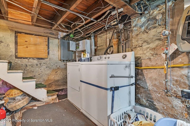 basement featuring electric panel and washing machine and dryer