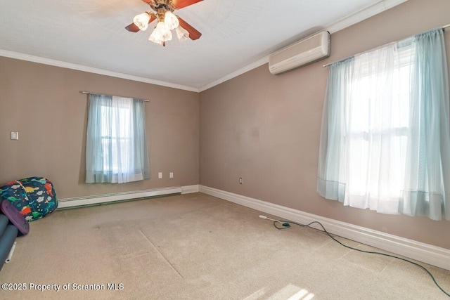 empty room featuring crown molding, an AC wall unit, a baseboard heating unit, and carpet flooring