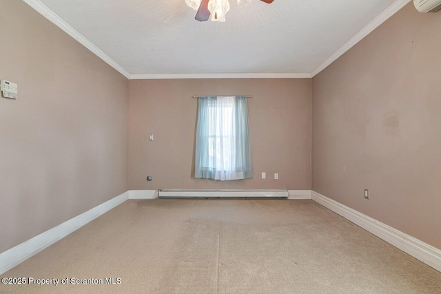 carpeted spare room featuring a baseboard radiator, ornamental molding, and ceiling fan