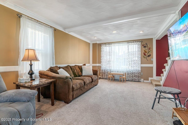 carpeted living room with crown molding and a healthy amount of sunlight