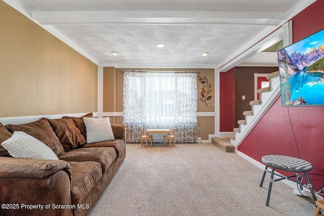 carpeted living room featuring ornamental molding