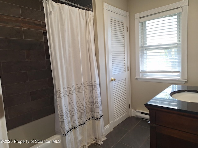 full bathroom with vanity, shower / tub combo with curtain, tile patterned floors, baseboards, and a baseboard radiator