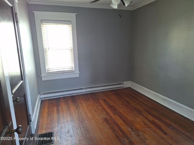 unfurnished room featuring baseboard heating, hardwood / wood-style floors, a ceiling fan, baseboards, and ornamental molding