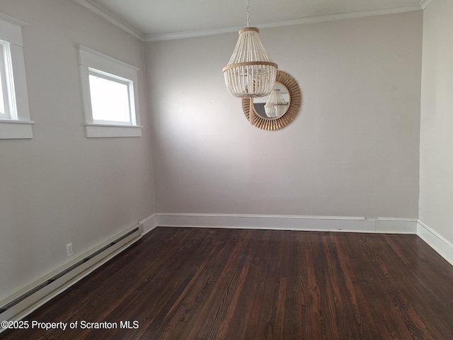 spare room featuring a chandelier, ornamental molding, baseboards, a baseboard radiator, and dark wood-style floors