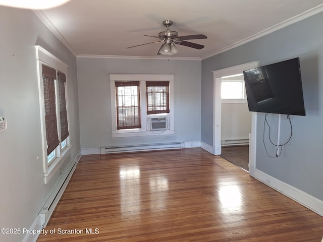 unfurnished living room with a baseboard radiator, ceiling fan, wood finished floors, and baseboard heating