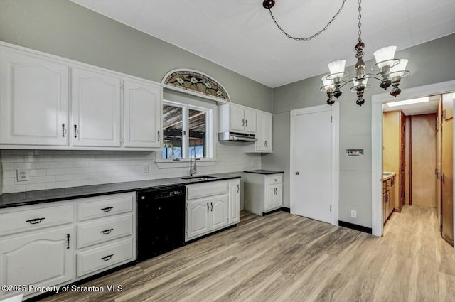 kitchen featuring sink, light hardwood / wood-style flooring, dishwasher, tasteful backsplash, and white cabinets