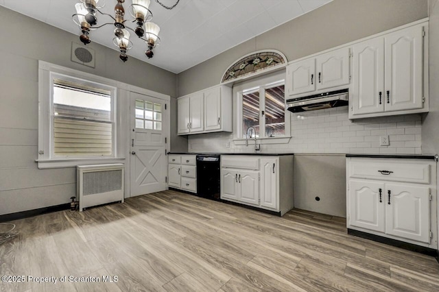 kitchen with white cabinetry, radiator heating unit, and light wood-type flooring