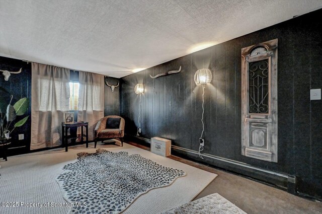 living area featuring a textured ceiling and carpet floors
