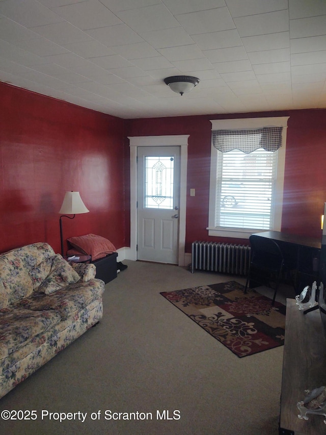 carpeted living room featuring radiator