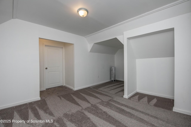 additional living space with carpet, vaulted ceiling, and baseboards