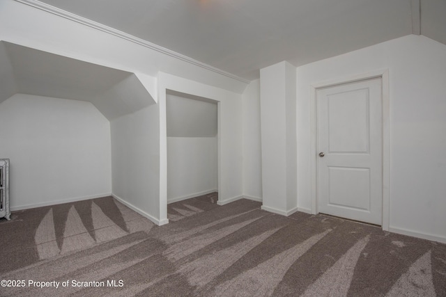 additional living space with lofted ceiling, baseboards, and carpet floors