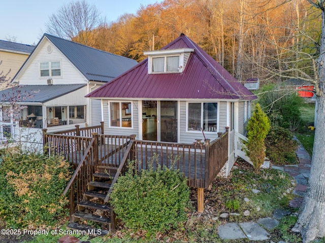 446 Lake Rd, Nicholson, PA 18446 - back of property with metal roof, a wooden deck, and stairway
