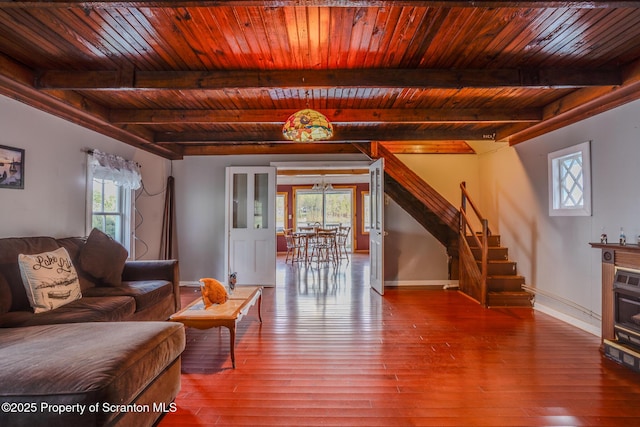 446 Lake Rd, Nicholson, PA 18446 - living area featuring wood ceiling, plenty of natural light, hardwood / wood-style floors, and stairs