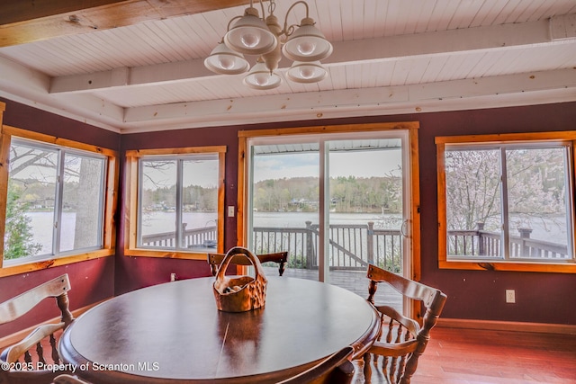 446 Lake Rd, Nicholson, PA 18446 - dining area with beamed ceiling, a chandelier, a wealth of natural light, and wood finished floors