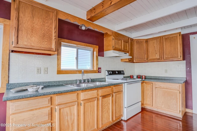 446 Lake Rd, Nicholson, PA 18446 - kitchen featuring electric stove, hardwood / wood-style floors, under cabinet range hood, a sink, and beam ceiling