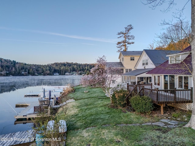 446 Lake Rd, Nicholson, PA 18446 - dock area with a deck with water view and a yard