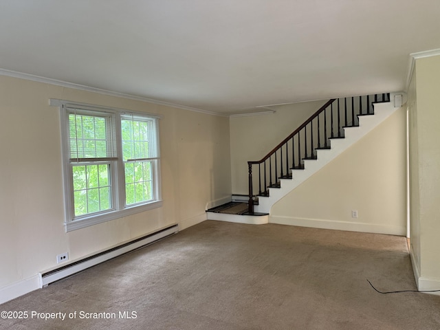 308 Marion St, Clarks Summit, PA 18411 - unfurnished living room with a baseboard heating unit, carpet, stairs, ornamental molding, and baseboards