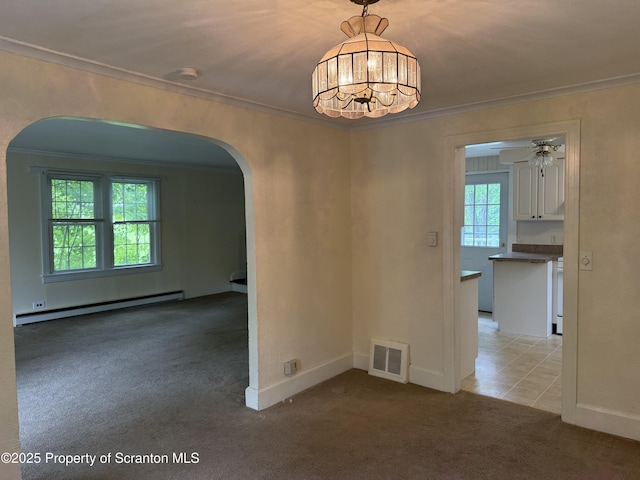 308 Marion St, Clarks Summit, PA 18411 - carpeted empty room featuring arched walkways, crown molding, a baseboard radiator, a chandelier, and baseboards