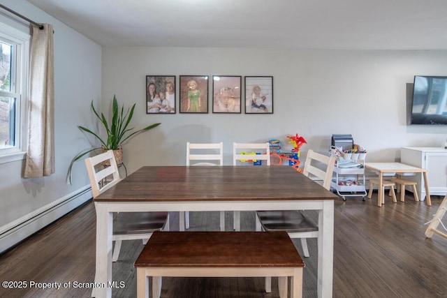 dining room featuring a baseboard radiator and wood finished floors