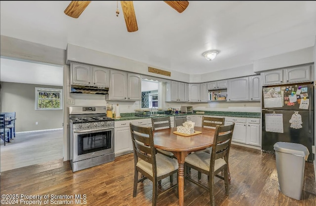 kitchen with gray cabinets, sink, dark hardwood / wood-style flooring, ceiling fan, and stainless steel appliances