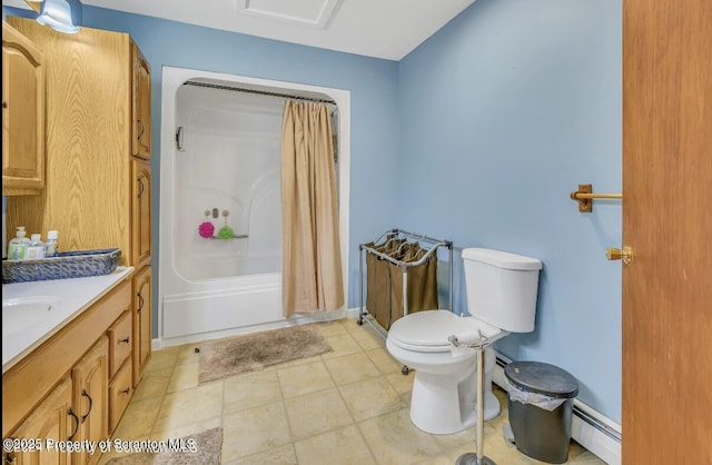 full bathroom with tile patterned floors, toilet, vanity, shower / bath combo, and a baseboard heating unit