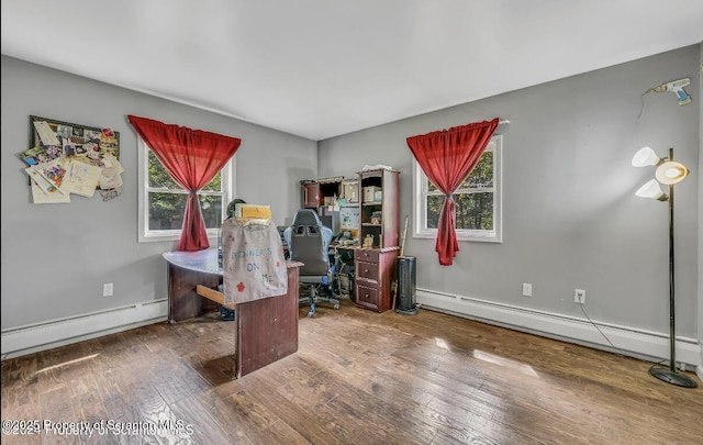 office space with a baseboard radiator and dark hardwood / wood-style flooring