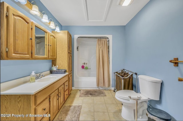 full bathroom featuring shower / bathtub combination with curtain, vanity, tile patterned floors, and toilet