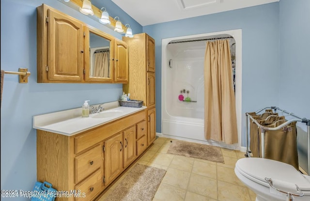 full bathroom with tile patterned flooring, vanity, shower / bath combination with curtain, and toilet