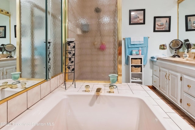 full bathroom with toilet, vanity, and a garden tub