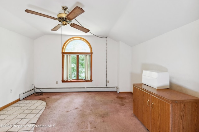 unfurnished room featuring lofted ceiling, light colored carpet, baseboards, ceiling fan, and baseboard heating