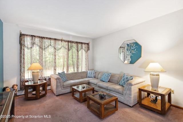 living area with baseboards and carpet
