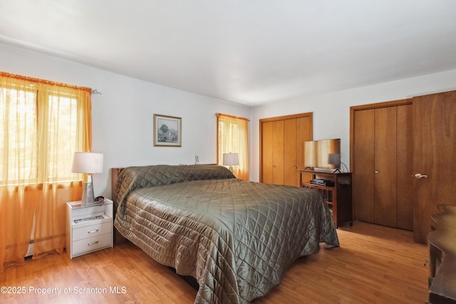 bedroom featuring wood finished floors and two closets