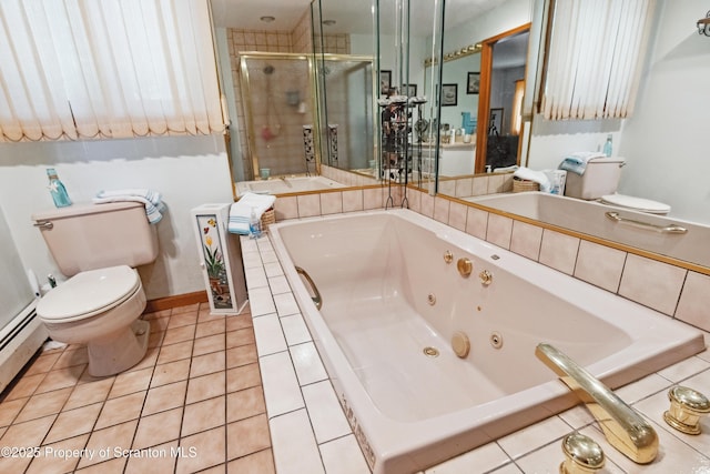 bathroom with a tub with jets, toilet, tile patterned floors, and a shower stall