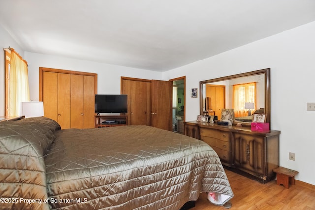 bedroom featuring wood finished floors and two closets