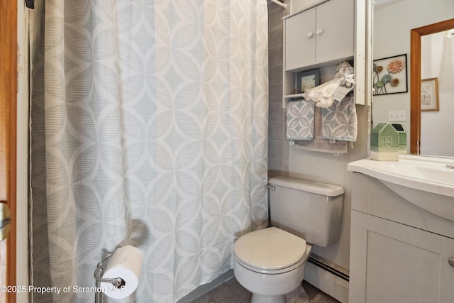bathroom featuring a shower with curtain, toilet, a baseboard heating unit, and vanity