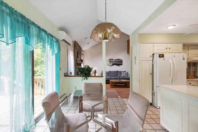 dining area featuring lofted ceiling, a baseboard heating unit, light tile patterned floors, an AC wall unit, and a notable chandelier